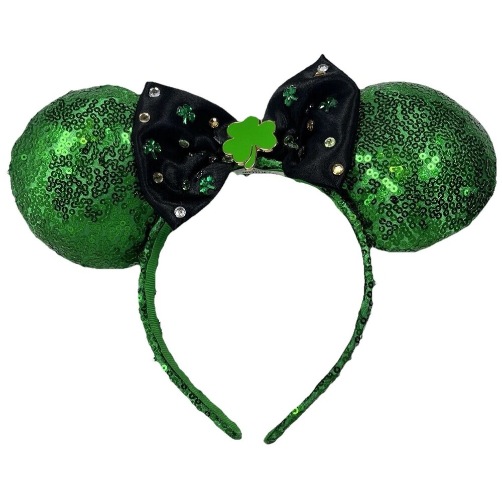 Disney Minnie Mouse Ears Headband Green and Black Sequins St Patrick's Day EUC
